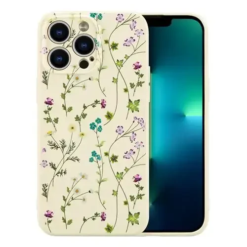 RALEAVO Floral Case for iPhone 13 Pro Max,Liquid Silicone Cover with Cute Flower Branch Pattern for Girls Women Slim Soft Rubber Protective Phone Case for iPhone 13 Pro Max (6.7