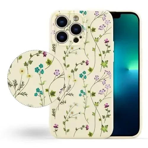 RALEAVO Floral Case for iPhone 13 Pro Max,Liquid Silicone Cover with Cute Flower Branch Pattern for Girls Women Slim Soft Rubber Protective Phone Case for iPhone 13 Pro Max (6.7