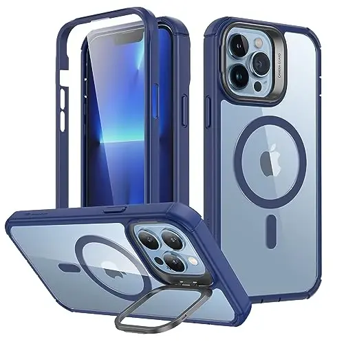 ESR for iPhone 13 Pro Max Case with Stand, Compatible with MagSafe, Full-Body Military-Grade Drop Proof Case with Built-in 9H+ Tempered Glass Screen Protector, Armor Series, Clear Dark Blue 