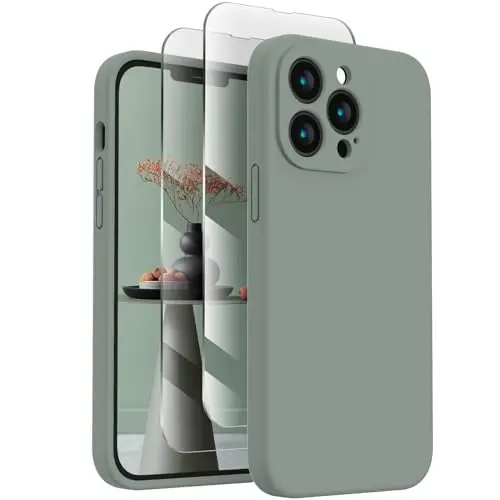 FireNova Designed for iPhone 13 Pro Max Case, Silicone [Camera Protection] Phone Case with [2 Screen Protectors], Soft Anti-Scratch Microfiber Lining Inside, 6.7 inch, Calke Green - 1