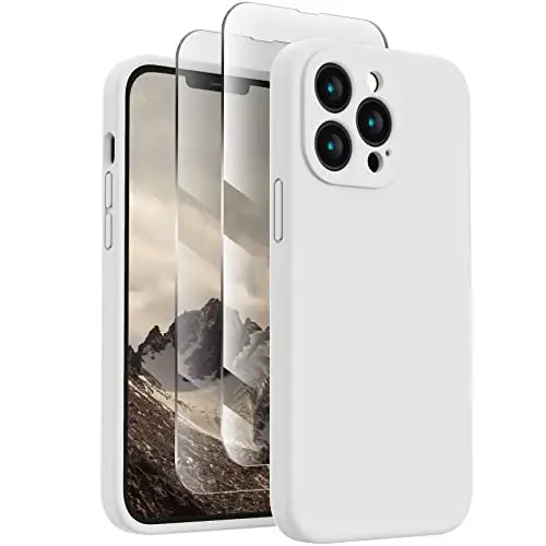 FireNova Designed for iPhone 13 Pro Max Case, Silicone [Camera Protection] Phone Case with [2 Screen Protectors], Soft Anti-Scratch Microfiber Lining Inside, 6.7 inch, White 