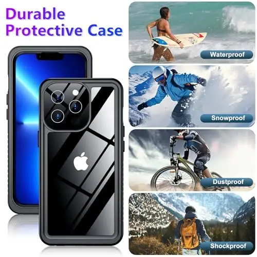iPhone 13 Pro Max Kılıf Su Geçirmez ile Uyumlu Temdan, Dahili Ekran ve Kamera Koruyucu IP68 Sualtı Tam Gövde 13FT Askeri Düşmeye Dayanıklı Darbeye Dayanıklı Telefon Kılıfı 6,7