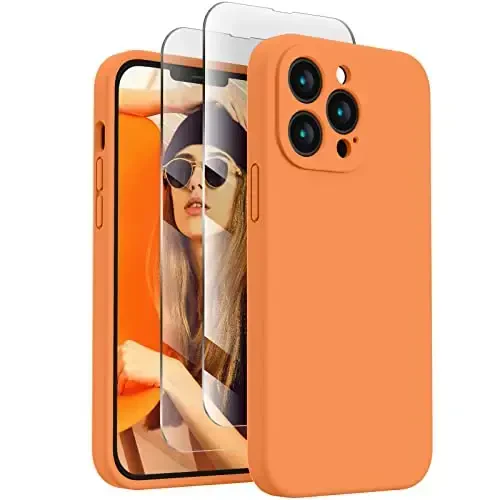 FireNova Designed for iPhone 13 Pro Max Case, Silicone [Camera Protection] Phone Case with [2 Screen Protectors], Soft Anti-Scratch Microfiber Lining Inside, 6.7 inch, Kumquat 