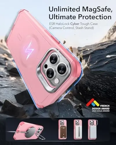 iPhone 13 Pro Max uchun ESR g'ilofi stend bilan, 23 fut harbiy darajadagi tushishdan himoya, kuchli magnit telefon g'ilofi, MagSafe aksessuarlari bilan mos keladi, Cyber Series, pushti - 2