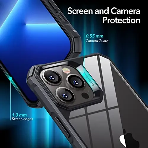 iPhone 13 Pro Max uchun ESR g'ilofi, zarbani yutuvchi burchaklar bilan harbiy darajadagi himoya, tirnalishga chidamli va sarg'ayishga qarshi akril orqa, ingichka himoya telefon g'ilofi, Air-Armor seriyasi, toza qora - 3