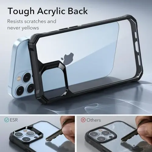 iPhone 13 Pro Max uchun ESR g'ilofi, zarbani yutuvchi burchaklar bilan harbiy darajadagi himoya, tirnalishga chidamli va sarg'ayishga qarshi akril orqa, ingichka himoya telefon g'ilofi, Air-Armor seriyasi, toza qora - 4