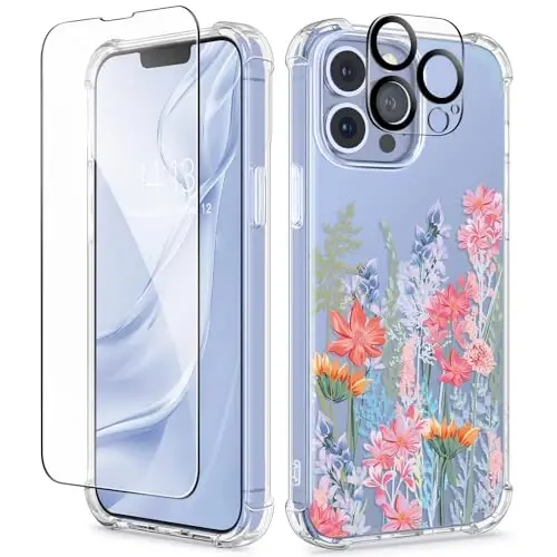 iPhone 13 Pro Max uchun GVIEWIN gul naqshli g'ilof, ekran va kamera linzalari himoyachisi bilan, [sarg'aymaydigan] yumshoq zarbaga chidamli shaffof ayollar uchun telefon himoya g'ilofi, gul naqshli dizayn 6.7