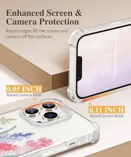 GVIEWIN for iPhone 13 Pro Max Case Floral, with Screen Protector&Camera Lens Protector,[Non Yellowing] Soft Shockproof Clear Phone Protective Cover for Women, Flower Pattern Design 6.7