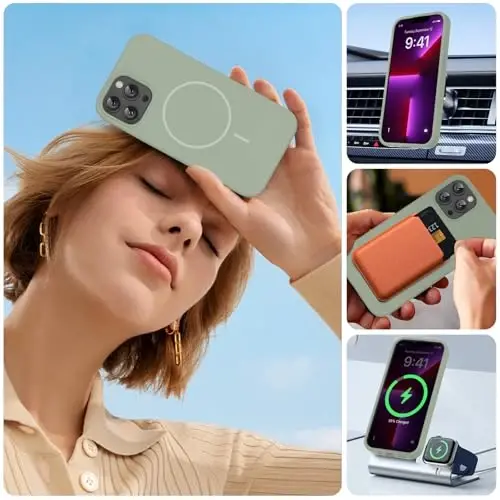 iPhone 13 Pro Max uchun Miracase magnit g'ilofi, [yumshoq tirnashga qarshi mikrofiber qoplamali], MagSafe uchun magnitli, 13 Pro Max uchun suyuq silikon zarbaga chidamli telefon g'ilofi, Patina yashil rangda - 6