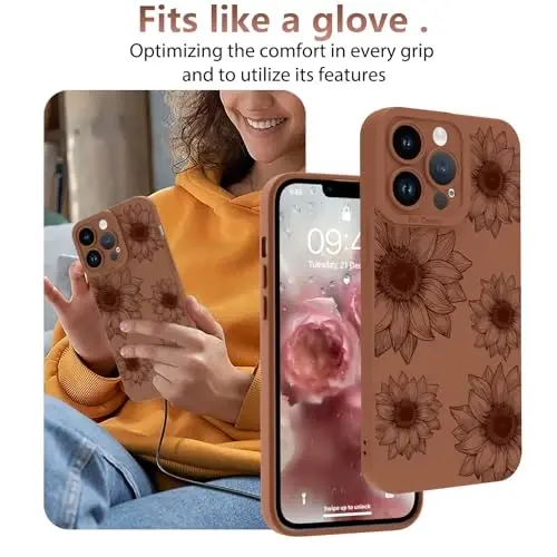 iPhone 13 Pro Max uchun OOK gulli g‘ilofi, yoqimli qo‘ng‘ir kungaboqar gullari | Yumshoq TPU zarbaga chidamli himoya, ayollar va qizlar uchun yupqa gulli telefon g‘ilofi 
