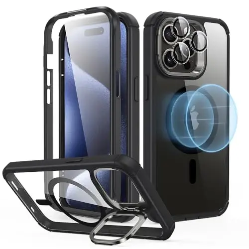 iPhone 13 Pro Max uchun stendli ESR g‘ilofi, MagSafe bilan mos, to‘liq harbiy darajadagi zarbga chidamli g‘ilof, o‘rnatilgan 9H+ temperlangan oynali ekran himoyachisi, Armor seriyasi, tiniq qora 
