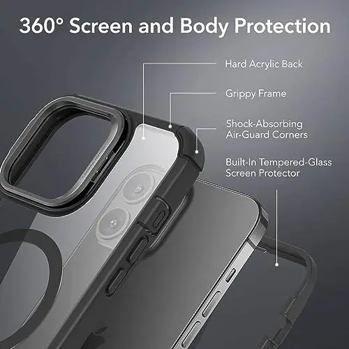 iPhone 13 Pro Max uchun stendli ESR g‘ilofi, MagSafe bilan mos, to‘liq harbiy darajadagi zarbga chidamli g‘ilof, o‘rnatilgan 9H+ temperlangan oynali ekran himoyachisi, Armor seriyasi, tiniq qora - 3