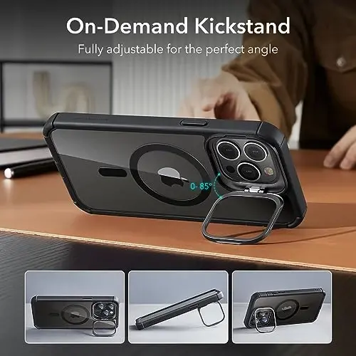 iPhone 13 Pro Max uchun stendli ESR g‘ilofi, MagSafe bilan mos, to‘liq harbiy darajadagi zarbga chidamli g‘ilof, o‘rnatilgan 9H+ temperlangan oynali ekran himoyachisi, Armor seriyasi, tiniq qora - 5