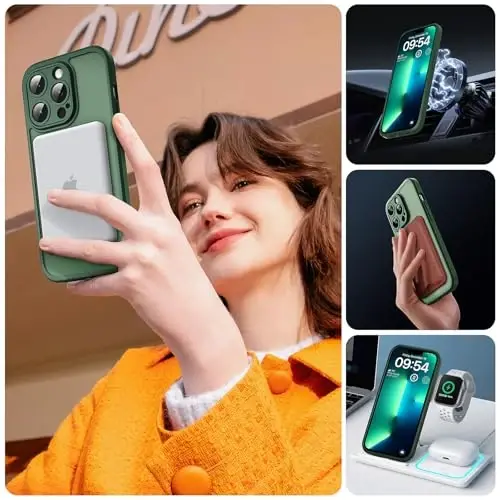 iPhone 13 Pro Max uchun TOCOL magnitli g‘ilof, Magsafe bilan mos keladigan to‘liq kamera himoyasi, zarbadan himoya qiluvchi yarim shaffof mat orqa telefon qopqog‘i 6,7 dyuym, (Alpine Green) - 6