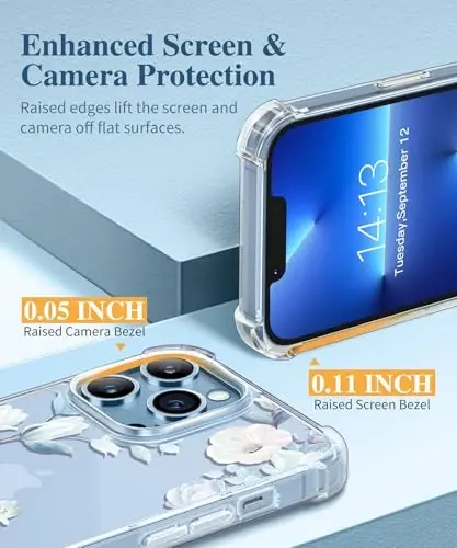 iPhone 13 Pro uchun GVIEWIN guli g‘ilofi, ekran va kamera linzalari himoyachisi bilan, [sarg‘aymaydigan] ayollar uchun yumshoq zarbaga chidamli shaffof telefon himoya qopqog‘i, gul naqshli dizayn 6.1