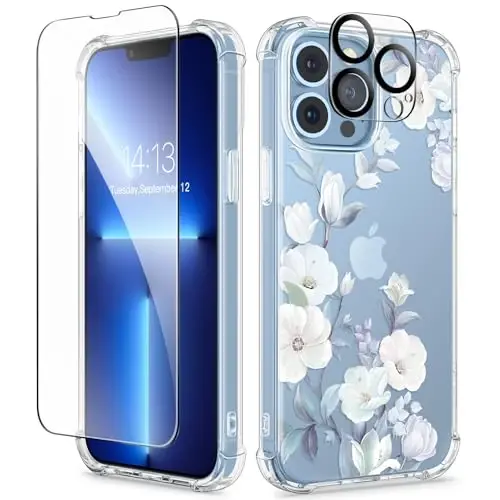 iPhone 13 Pro uchun GVIEWIN guli g‘ilofi, ekran va kamera linzalari himoyachisi bilan, [sarg‘aymaydigan] ayollar uchun yumshoq zarbaga chidamli shaffof telefon himoya qopqog‘i, gul naqshli dizayn 6.1