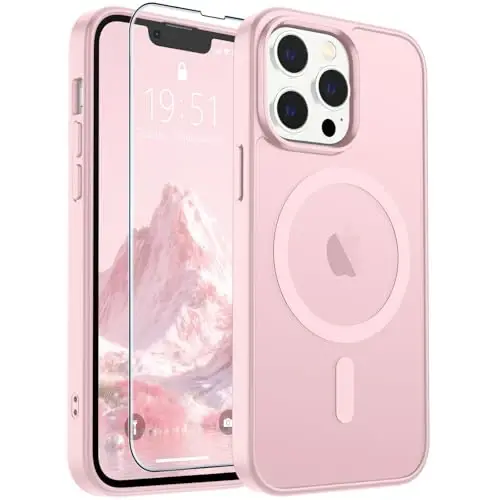 iPhone 13 Pro uchun SUPFINE magnitli g'ilof, ekran himoyachisi bilan (MagSafe bilan mos keladi), harbiy darajadagi tushishdan himoya, shaffof matli zarbaga chidamli telefon g'ilofi, och pushti rang. 