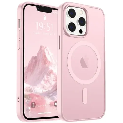iPhone 13 Pro uchun SUPFINE magnitli g'ilof, ekran himoyachisi bilan (MagSafe bilan mos keladi), harbiy darajadagi tushishdan himoya, shaffof matli zarbaga chidamli telefon g'ilofi, och pushti rang. 