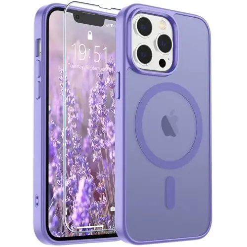 iPhone 13 Pro uchun SUPFINE magnitli g‘ilofi (MagSafe bilan mos keladi) (Harbiy darajadagi himoya) Shaffof matli zarbalarga chidamli va barmoq izlariga qarshi telefon g‘ilofi, binafsha rang 
