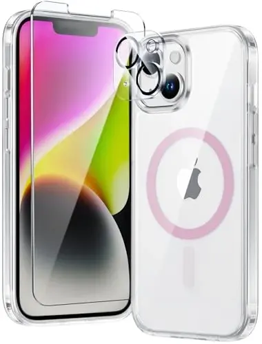 iPhone 13 uchun FNTCASE g'ilofi: Shaffof magnitli g'ilof, harbiy darajadagi tushishdan himoya, sarg'ayishga qarshi mobil telefon qopqog'i - Mustahkam zarbaga chidamli himoya bamperi (C-A pushti) - FNTCASE
