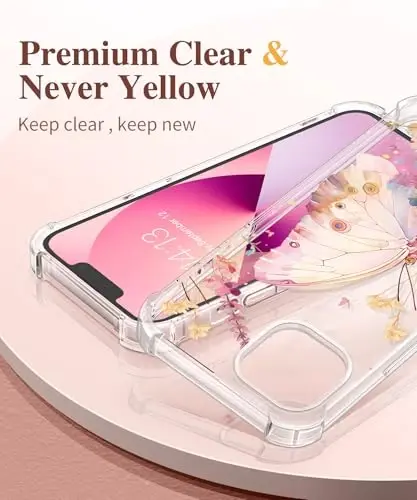 iPhone 13 uchun GVIEWIN gul naqshli g‘ilofi, ekran va kamera himoyachisi bilan, [sarg‘aymaydigan] yumshoq zarbaga chidamli shaffof ayollar uchun himoya g‘ilofi, gul naqshli dizayn 6.1