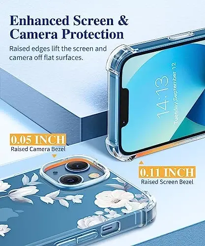 iPhone 13 uchun GVIEWIN guli g‘ilof, ekran va kamera linzalari himoyasi bilan, [sarg‘aymaydigan] ayollar uchun yumshoq zarbaga chidamli shaffof himoya g‘ilofi, gul naqshli dizayn 6.1