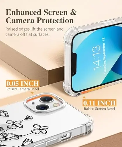 iPhone 13 uchun GVIEWIN guli g'ilof, ekran va kamera linzalari uchun himoya plyonkasi bilan, [sarg'aymaydigan] ayollar uchun yumshoq zarbaga chidamli shaffof telefon himoya g'ilofi, gul naqshli dizayn 6.1