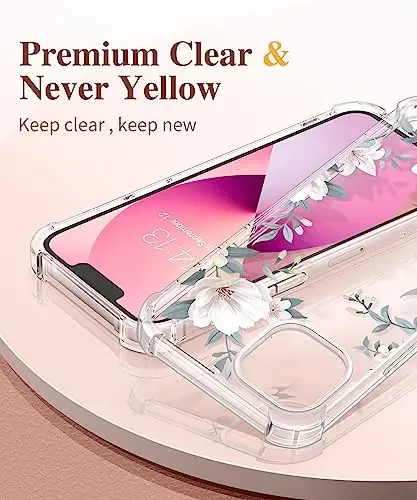 iPhone 13 uchun GVIEWIN gulli g‘ilof, ekran va kamera linzalari uchun himoya plyonkasi bilan, [sarg‘aymaydigan] ayollar uchun yumshoq, zarbga chidamli shaffof g‘ilof, gul naqshli dizayn 6.1
