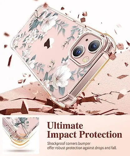 iPhone 13 uchun GVIEWIN gulli g‘ilof, ekran va kamera linzalari uchun himoya plyonkasi bilan, [sarg‘aymaydigan] ayollar uchun yumshoq, zarbga chidamli shaffof g‘ilof, gul naqshli dizayn 6.1