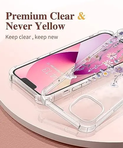 iPhone 13 uchun GVIEWIN gulli g‘ilofi, ekran va kamera linzalari himoyasi bilan, [sarg‘aymaydigan] ayollar uchun yumshoq zarbaga chidamli shaffof himoya g‘ilofi, gulli naqshli dizayn 6.1