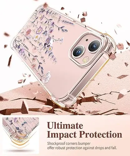 iPhone 13 uchun GVIEWIN gulli g‘ilofi, ekran va kamera linzalari himoyasi bilan, [sarg‘aymaydigan] ayollar uchun yumshoq zarbaga chidamli shaffof himoya g‘ilofi, gulli naqshli dizayn 6.1