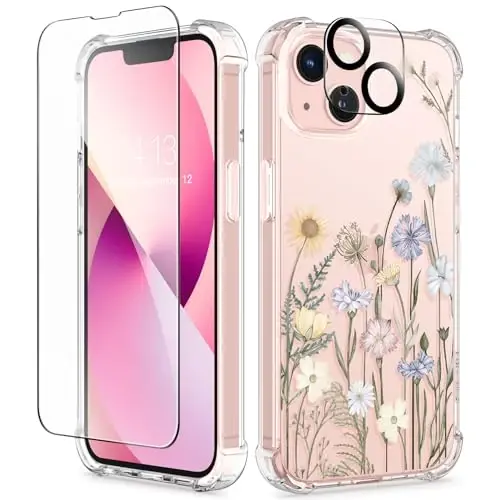 iPhone 13 uchun GVIEWIN gulli g‘ilofi, ekran va kamera linzalari uchun himoya plyonkasi bilan, [sarg‘aymaydigan] ayollar uchun yumshoq, zarbaga chidamli shaffof g‘ilof, gul naqshli dizayn 6.1