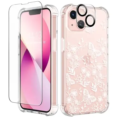 iPhone 13 uchun GVIEWIN gulli g‘ilofi, ekran va kamera linzalari uchun himoya plyonkasi bilan, [sarg‘aymaydigan] ayollar uchun yumshoq, zarbga chidamli shaffof g‘ilof, gul naqshli dizayn 6.1