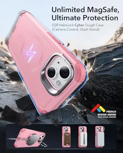 iPhone 13 va iPhone 14 uchun ESR g'ilofi stend bilan, 23 fut harbiy darajadagi tushishdan himoya, og'ir yuk ko'taruvchi magnit telefon g'ilofi, MagSafe aksessuarlari bilan mos, Cyber Series, pushti - ESR (1)
