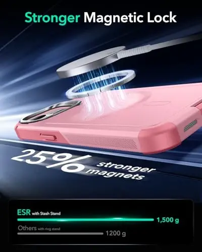 iPhone 13 va iPhone 14 uchun ESR g'ilofi stend bilan, 23 fut harbiy darajadagi tushishdan himoya, og'ir yuk ko'taruvchi magnit telefon g'ilofi, MagSafe aksessuarlari bilan mos, Cyber Series, pushti - 6