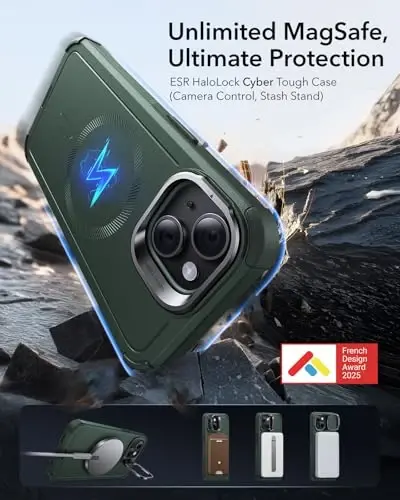 ESR for iPhone 13 and iPhone 14 Case with Stand, 23 ft Military-Grade Drop Protection Heavy Duty Magnetic Phone Case, Compatible with MagSafe Accessories, Cyber Series, Green - 2