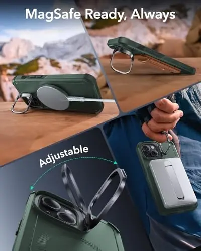 ESR for iPhone 13 and iPhone 14 Case with Stand, 23 ft Military-Grade Drop Protection Heavy Duty Magnetic Phone Case, Compatible with MagSafe Accessories, Cyber Series, Green - 5
