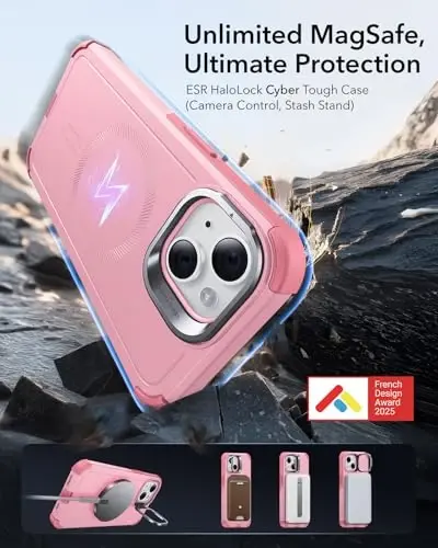 ESR for iPhone 13 and iPhone 14 Case with Stand, 23 ft Military-Grade Drop Protection Heavy Duty Magnetic Phone Case, Compatible with MagSafe Accessories, Cyber Series, Pink - ESR (1)