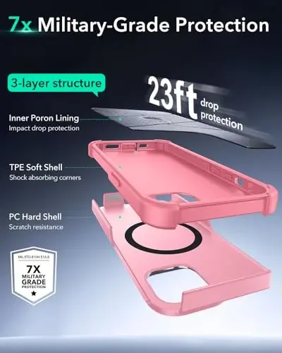 ESR for iPhone 13 and iPhone 14 Case with Stand, 23 ft Military-Grade Drop Protection Heavy Duty Magnetic Phone Case, Compatible with MagSafe Accessories, Cyber Series, Pink - 3