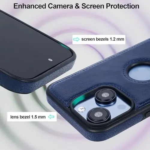 KSELF Leather Case for iPhone 13/14, Protective Slim with Kickstand, Built-in Invisible Stand, Compatible with iPhone 13/14 6.1'' (Blue) - 4