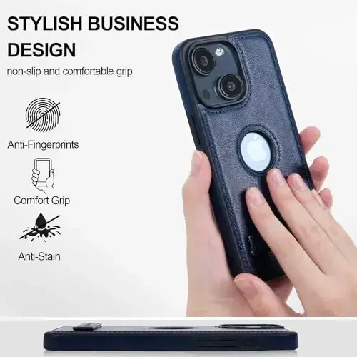 KSELF Leather Case for iPhone 13/14, Protective Slim with Kickstand, Built-in Invisible Stand, Compatible with iPhone 13/14 6.1'' (Blue) - 3