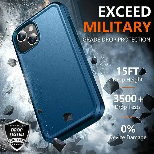 iPhone 14 Case/iPhone 15 Case uchun SPIDERCASE, [15 FT harbiy darajadagi tushishdan himoya][Sirpanmaydigan] 2 dona [Temperlangan shisha ekran himoyachilari+Kamera linzalari himoyachilari] Og‘ir yukga bardoshli zarbga chidamli g‘ilof, dengiz ko‘ki - 3