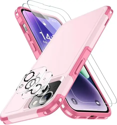 iPhone 14 Case/iPhone 15 Case uchun SPIDERCASE, [15 FT harbiy darajadagi tushishdan himoya][Sirpanmaydigan] 2 dona [Temperlangan shisha ekran himoyachilari+Kamera linzalari himoyachilari] Zarba o'tkazmaydigan g'ilof, Pushti 