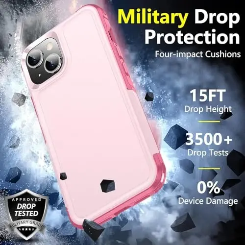 iPhone 14 Case/iPhone 15 Case uchun SPIDERCASE, [15 FT harbiy darajadagi tushishdan himoya][Sirpanmaydigan] 2 dona [Temperlangan shisha ekran himoyachilari+Kamera linzalari himoyachilari] Zarba o'tkazmaydigan g'ilof, Pushti - 3