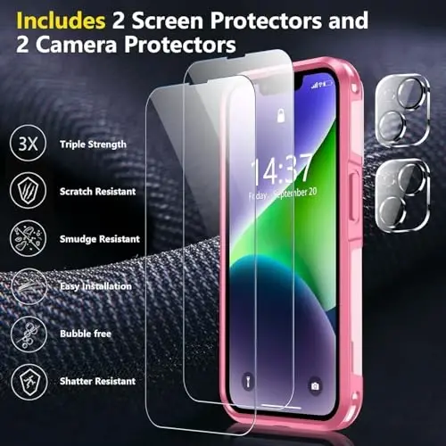 iPhone 14 Case/iPhone 15 Case uchun SPIDERCASE, [15 FT harbiy darajadagi tushishdan himoya][Sirpanmaydigan] 2 dona [Temperlangan shisha ekran himoyachilari+Kamera linzalari himoyachilari] Zarba o'tkazmaydigan g'ilof, Pushti - 4