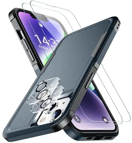 iPhone 14 Case/iPhone 15 Case uchun SPIDERCASE, [15 FT Harbiy Darajadagi Tushishdan Himoya][Sirpanmaydigan] 2 dona [Temperlangan Shisha Ekran Himoyachilari+Kamera Ob'ektiv Himoyachilari] Og'ir Yukga Bardoshli Zarba o'tkazmaydigan G'ilof, To'q Ko'k 