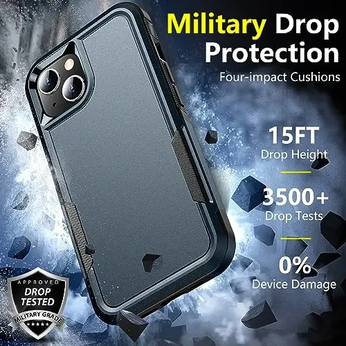 iPhone 14 Case/iPhone 15 Case uchun SPIDERCASE, [15 FT Harbiy Darajadagi Tushishdan Himoya][Sirpanmaydigan] 2 dona [Temperlangan Shisha Ekran Himoyachilari+Kamera Ob'ektiv Himoyachilari] Og'ir Yukga Bardoshli Zarba o'tkazmaydigan G'ilof, To'q Ko'k - 3