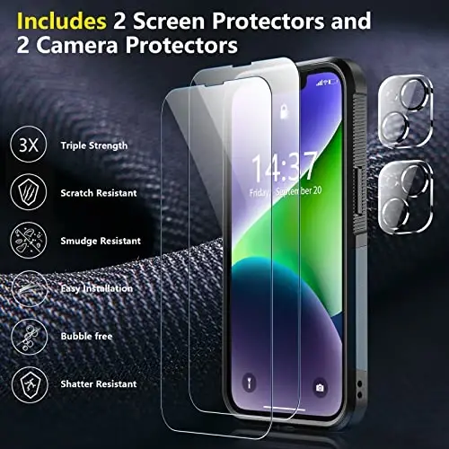 iPhone 14 Case/iPhone 15 Case uchun SPIDERCASE, [15 FT Harbiy Darajadagi Tushishdan Himoya][Sirpanmaydigan] 2 dona [Temperlangan Shisha Ekran Himoyachilari+Kamera Ob'ektiv Himoyachilari] Og'ir Yukga Bardoshli Zarba o'tkazmaydigan G'ilof, To'q Ko'k - 4