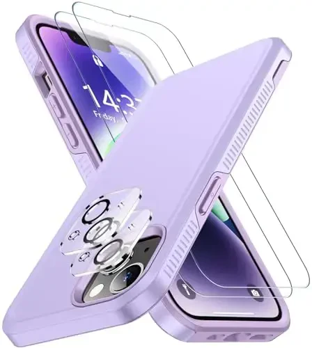 iPhone 14 Case/iPhone 15 Case uchun SPIDERCASE, [15 FT Harbiy darajadagi tushishdan himoya][Sirpanmaydigan] 2 dona [Temperli shisha ekran himoyachilari+Kamera linzalari himoyachilari] Kuchli zarbga chidamli g'ilof, och binafsha 