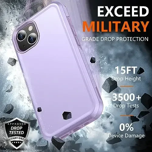 iPhone 14 Case/iPhone 15 Case uchun SPIDERCASE, [15 FT Harbiy darajadagi tushishdan himoya][Sirpanmaydigan] 2 dona [Temperli shisha ekran himoyachilari+Kamera linzalari himoyachilari] Kuchli zarbga chidamli g'ilof, och binafsha - 3